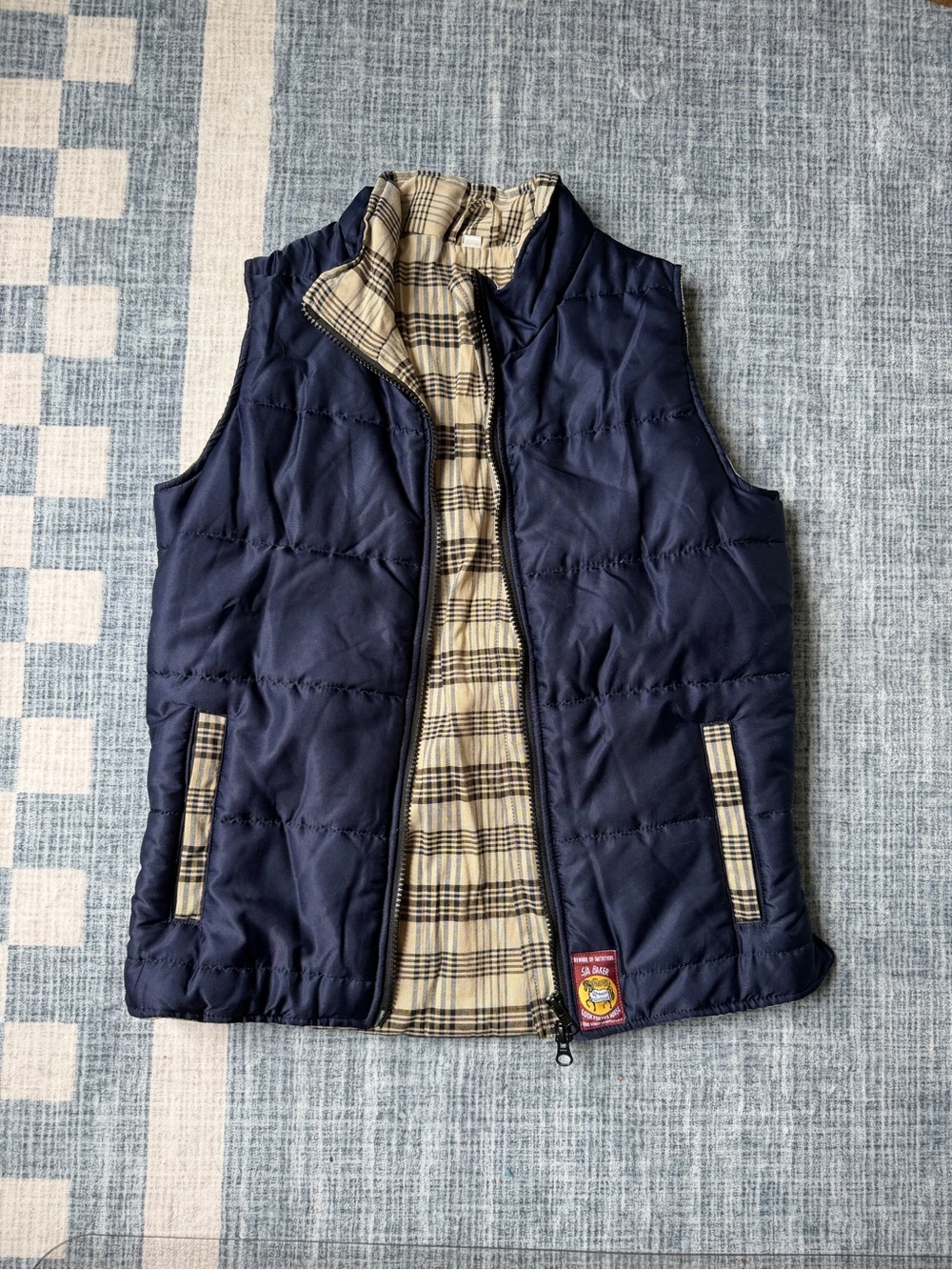 5a Baker Navy Vest with Tan Plaid Trim